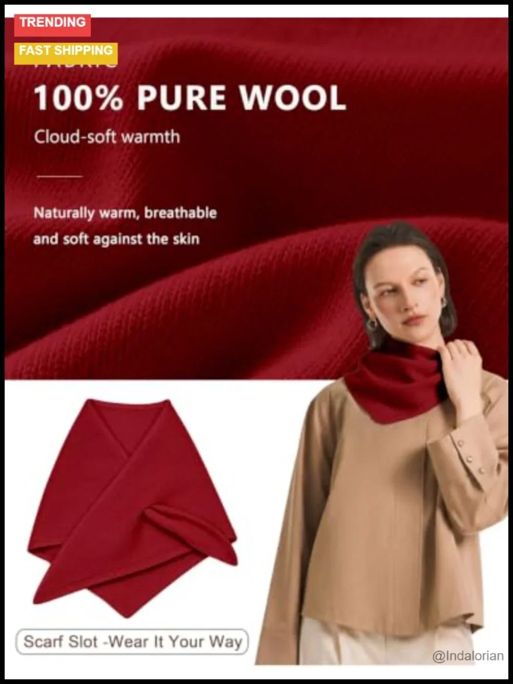 Women's 100% Wool Triangle Scarf Pull-Through Winter Neck Warmer